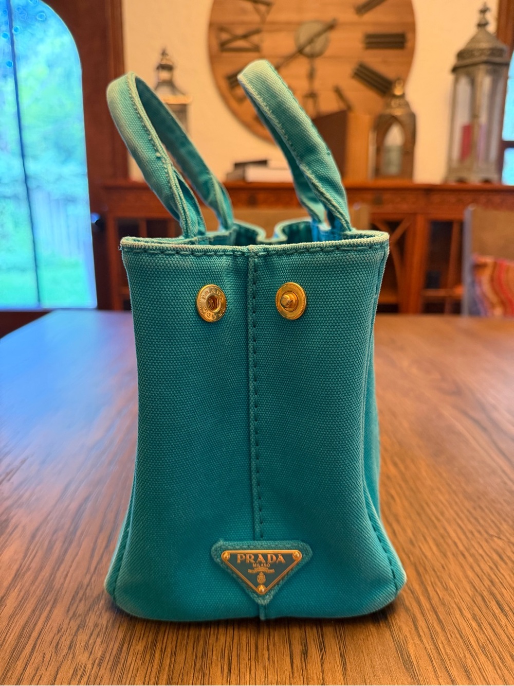 PRADA Canapa Mini Canvas Logo Tote Bag Light Blue/Turquoise - Picture 3 of 13